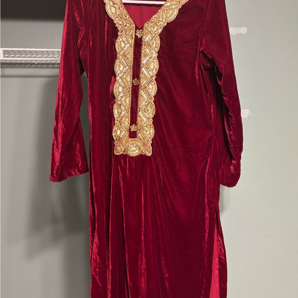 Elegant Red Velvet Dress with Gold Embroidery shalwar khameez